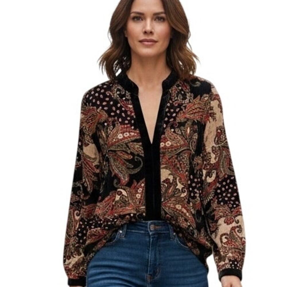 Soft Surroundings Velvet Paisley Top Womens XL Black Multicolor Blouse